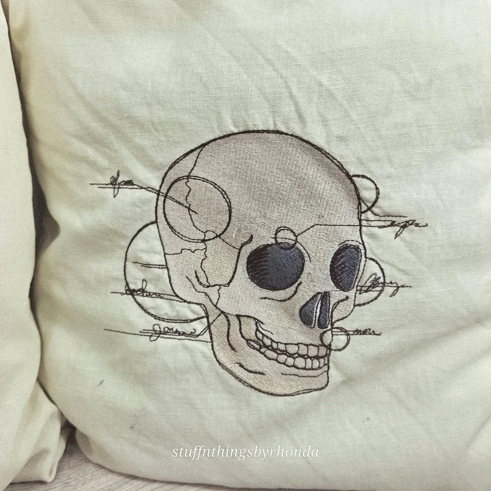 Set Of 2 Machine Embroidered Spooky Halloween Pillows Anatomical Heart And Skull